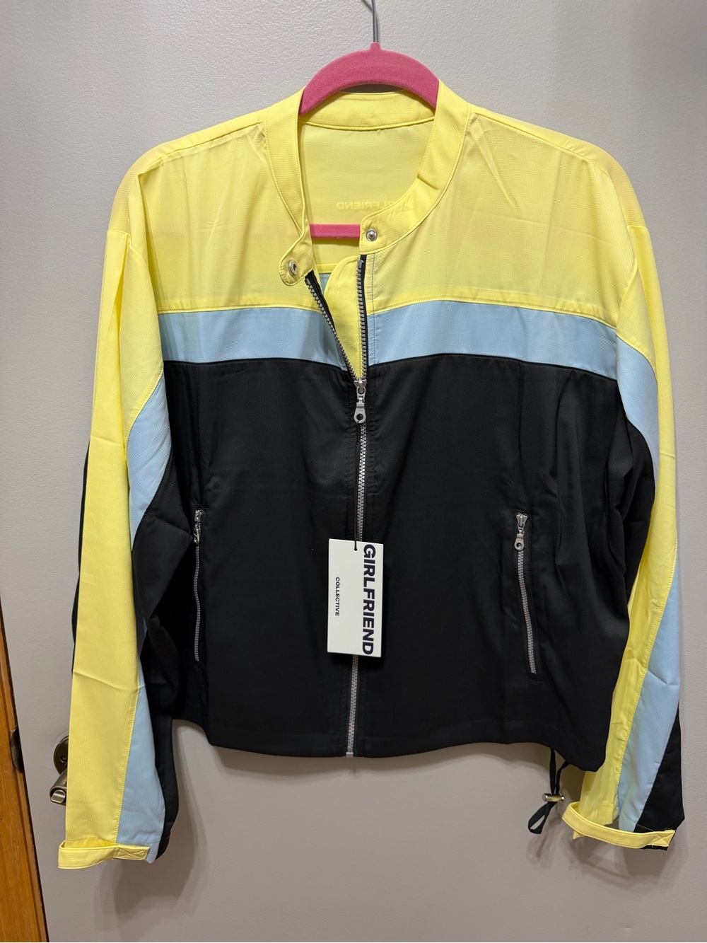 NWT Girlfriend Collective Vista Moto Jacket Colorblock Yellow Blue Black - XXL